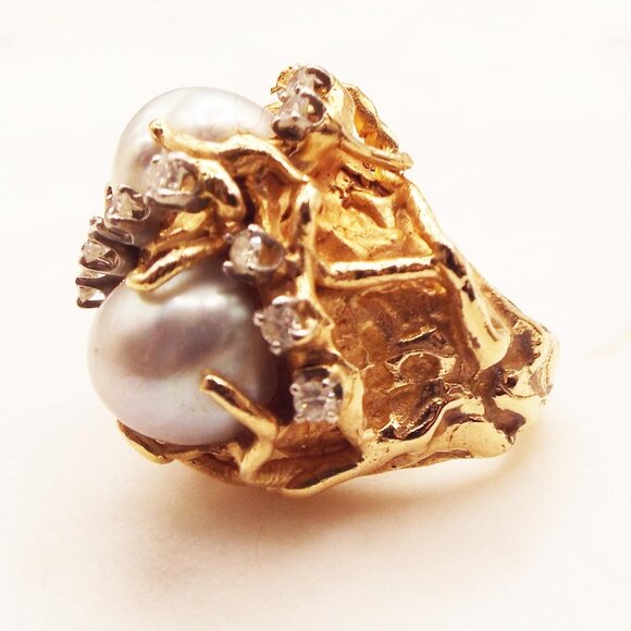 OCEAN 14K GOLD 32 GR., W/ 2 -12 MM GREY MOBE PEARLS & .34 TW DIAMONDS SZ. 4 RING - Picture 2 of 10